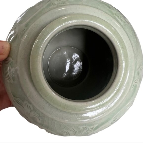 Antique Signed & # Chinese Celadon Porcelain Vase Lotus and Leaf Motif Design 5" - Picture 8 of 12